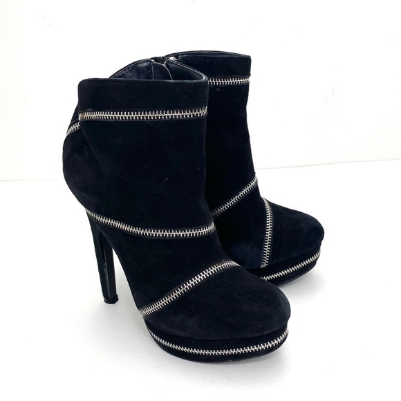 COLIN Stuart Zipper Suede Platform High Heel Boots In Black - Picture 2 of 9